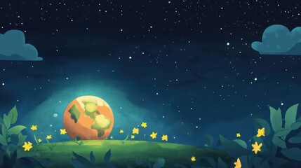 Obraz premium Magical Night Sky with Glowing Earth and Fireflies.