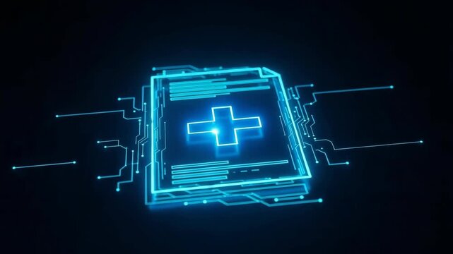 Glowing Digital Healthcare Document Icon With Cross Symbol Surrounded By Circuit Board Lines Against Dark Blue Background Showcasing Technology For Medical Technology Contexts