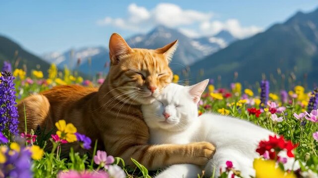 Two Cats Cuddling In Colorful Flower Field With Mountains In The Background Possibly For Greeting Card Social Media Post Promoting Love Companionship Nature