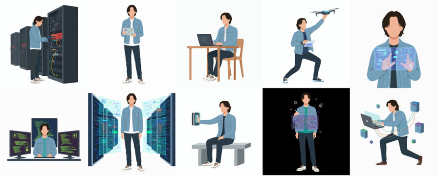 Cartoon Style Illustration of IT Worker in Various Poses and Activities