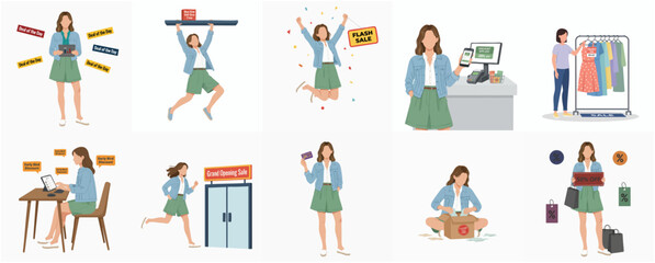 Simple Flat Illustration Set of Young Woman Shopping Activities