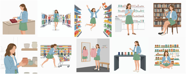 Minimalist Flat Woman in Shopping Activity Illustration Set Depicting Various Scenarios © Grafina