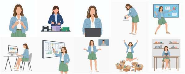 Flat Style Diverse Woman Running Small Business Activity Illustration Set