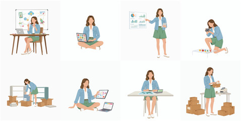 Flat Illustration of Woman in Different Working Situations and Activity Set