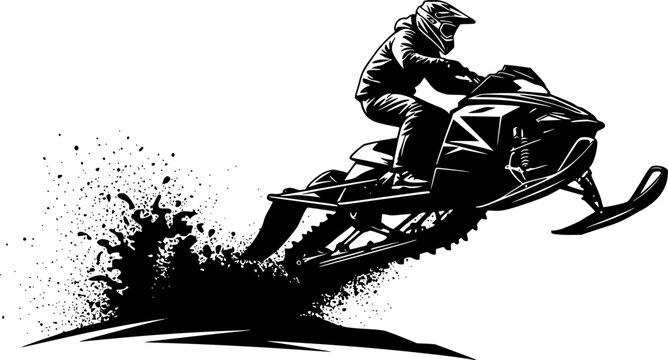 Black silhouette of extreme snowmobile rider wearing full helmet performing high jump with snow spray, dynamic action vector art, sticker design, isolated on white background
