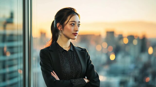 女性が高層オフィスで夕景に腕組み立つ姿凛として
