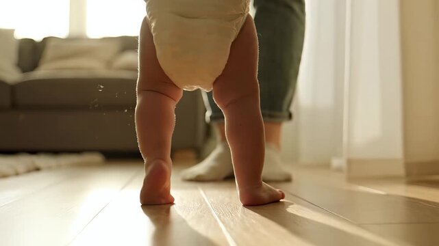 Baby learning to walk, taking first steps in a cozy living room with natural light, symbolizing growth, development, and parenthood.