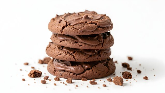 Stack of chocolate sandwich cookies with creamy white filling on a white surface with one cookie broken to show texture
