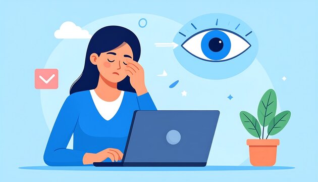 Illustration of a woman experiencing eye strain while using a laptop, with a graphic representation of an eye and visual fatigue