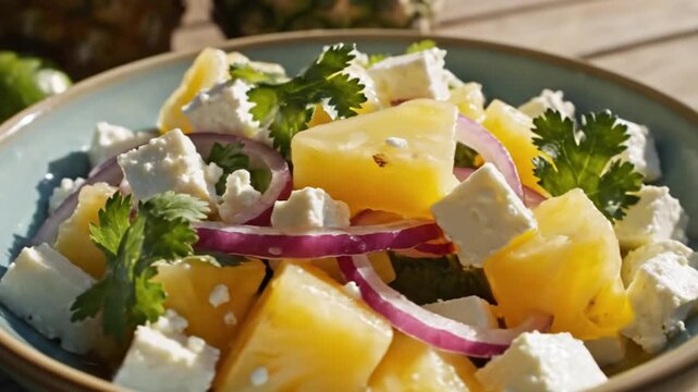 Fresh pineapple feta salad with red onion outdoors on sunny day