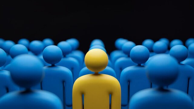 Blue humanoid figures, one standout yellow figure, crowd scene with black background, symbolizing individuality, uniqueness, and leadership, representing diversity and inclusion.