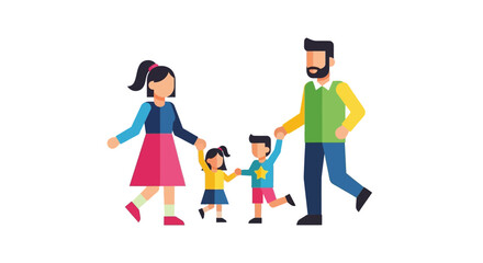 A harmonious and lively flat design illustration of a happy family walking, parents and children holding hands, symbolizing love and unity