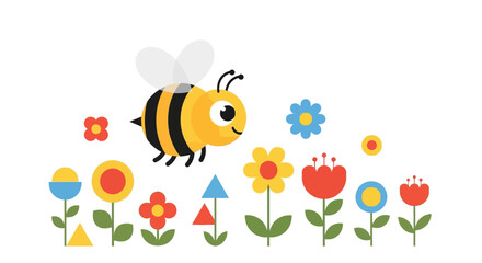 A cheerful cartoon bee flying over a colorful garden of abstract flowers and shapes on a white background