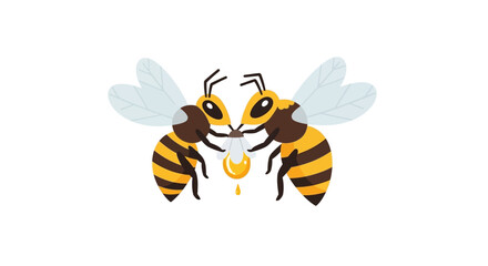 Two cartoon bees diligently sharing a golden drop of natural honey, symbolizing teamwork, sweet reward, and the industrious process of nectar production © Avra