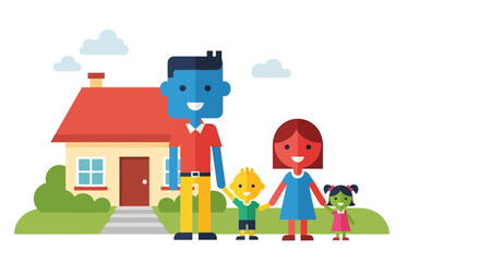 Naklejka premium Cheerful flat design family, parents and children, standing in front of their house, representing happiness, home ownership, and a secure future