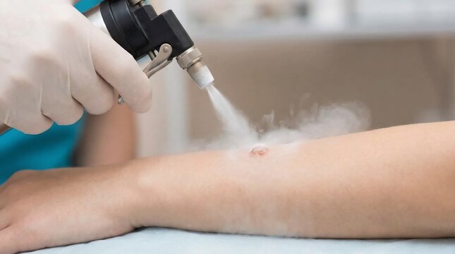 Dermatologist performing cryotherapy treatment on a patients arm.