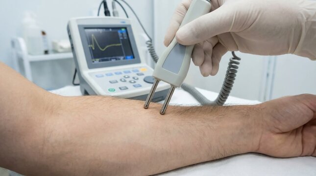 Doctor conducting an electromyography nerve conduction test on a patients arm in a clinic.