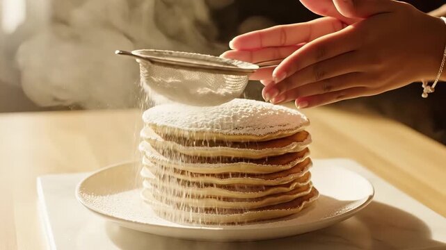Hands dusting powdered sugar onto a tall stack of fluffy pancakes on a white plate for delicious sweet breakfast concept and culinary preparation
