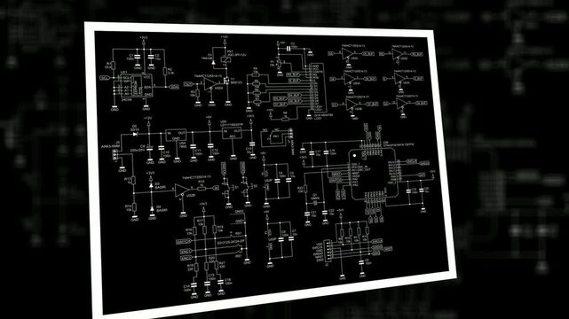 Video animation with schematic 
diagram of digital electronic device. Drawing 
electrical circuit with 
integrated circuit, micro controller,
operational amplifier, memory chip,
capacitor, resistor. 