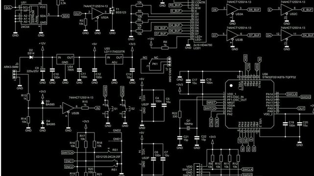 Video animation with schematic 
diagram of digital electronic device. Drawing 
electrical circuit with 
integrated circuit, micro controller,
operational amplifier, memory chip,
capacitor, resistor. 