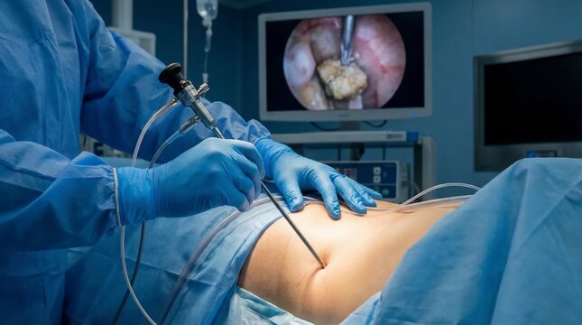 Surgeon performing advanced laparoscopic surgery to remove a kidney stone in the operating room.