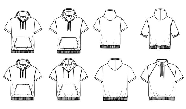 Hoodie short sleeve sweatshirt technical fashion illustration set showing front and back views with hood, pocket and drawstring design