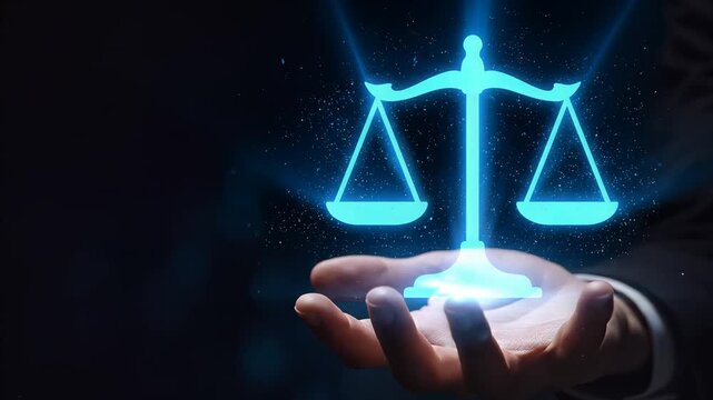 Businessman, Hand holding glowing blue scales of justice, Dark background with light effects, symbolizing fairness and law.