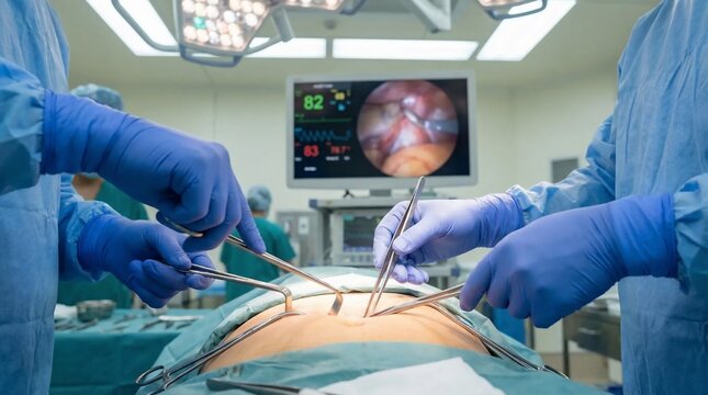 Surgical team performing a minimally invasive laparoscopic procedure in a modern operating room.