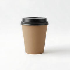 Brown paper coffee cup with black lid on white background