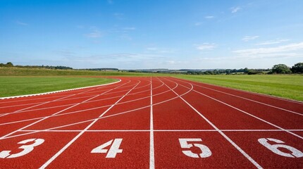 A vibrant red running track with numbered lanes stretches towards a distant horizon under a clear blue sky.