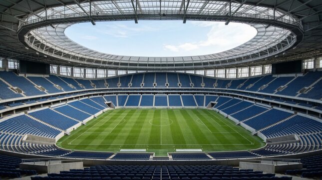 A vast, modern football stadium with neatly striped green grass and blue seating under a bright, open sky.