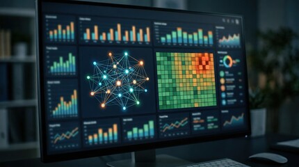 Fototapeta premium Close medium shot of an automated credit risk dashboard featuring alternative data sources with main charts crisp and secondary elements subtly blurred.