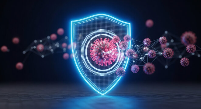 Abstract visualization of a glowing blue shield providing protection against invading viral cells, representing strong immunity and health defense for global well-being