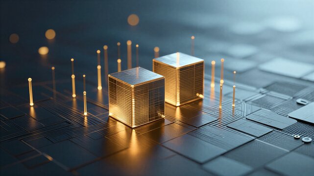 Golden cubes rest on circuit board glowing pins connect futuristic