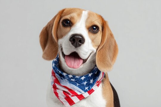 Beagle wearing American flag bandana