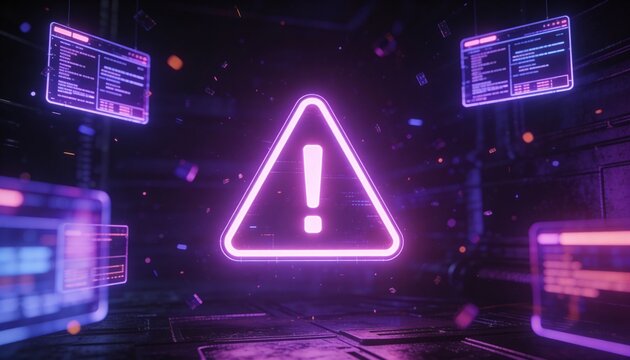 A virus alert warning displayed on a digital screen with danger symbols and glitch effects, in a futuristic environment	