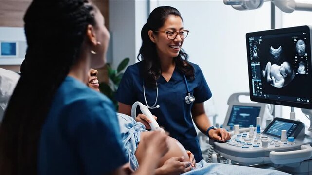 Smiling Asian doctor performing ultrasound on happy pregnant woman in a bright medical clinic.