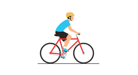 Obraz premium A cartoon man wearing a yellow helmet and blue shirt rides a red bicycle with white wheels against a clean white background.