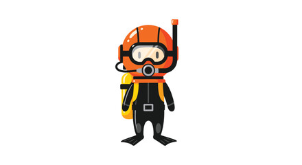 Fototapeta premium A charming cartoon illustration of a diver wearing an orange helmet, goggles, snorkel, black wetsuit, yellow air tank, and flippers on a white background.
