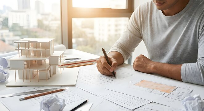 Architect Working on Building Design Plans at Creative Studio Desk