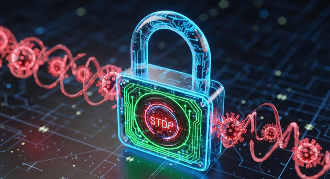 Digital padlock preventing cyber threats and data breaches, illustrating advanced internet security and defense against viral attacks and malicious software