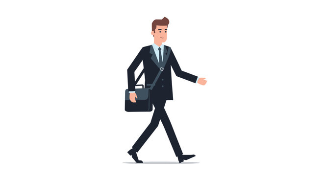 A smiling cartoon businessman in a dark suit, carrying a black briefcase, is depicted walking confidently in a flat, two-dimensional style.