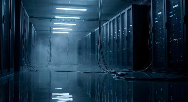 Eerie long hallway of a data center with dim lighting, rows of server racks, tangled wires, and a reflective wet floor creating a moody and potentially problematic scenario