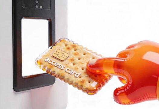 Close-up of a hand wea an orange glove inserting a rectangular biscuit with a textured surface and embossed access card text into a card reader with a blank screen