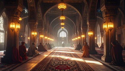 Serene Mosque Interior with Worshippers and Warm Lighting.