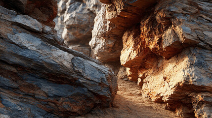 Rock strata close-up, textured layered rocks with sunlight highlighting surfaces, emphasizing geological patterns, natural textures, and detailed terrain features.