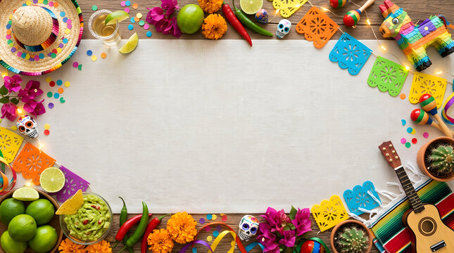 Colorful Mexican fiesta border with sombrero pinata guitar guacamole and sugar skulls, Cinco de Mayo holiday celebration flat lay, blank central copy space for text and invitations