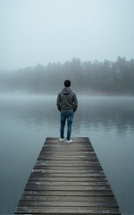 Fototapeta premium Man stands alone on misty dock gazing at calm lake surrounded by