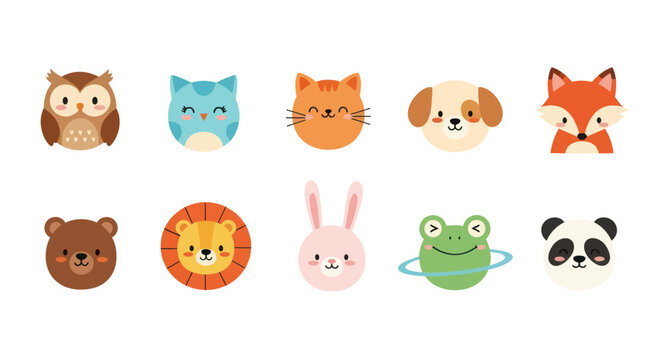 Cartoon animal faces owl cat dog fox bear