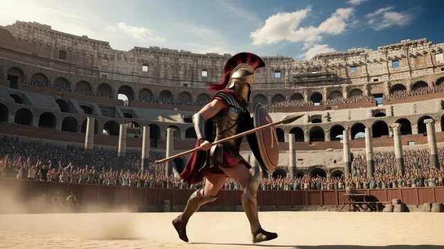 Spartan Warrior Sprints Across The Arena Floor During Battle Wearing Full Armor With Audience Cheering In The Background Within The Colosseum Ruins For Historical Presentations Visua